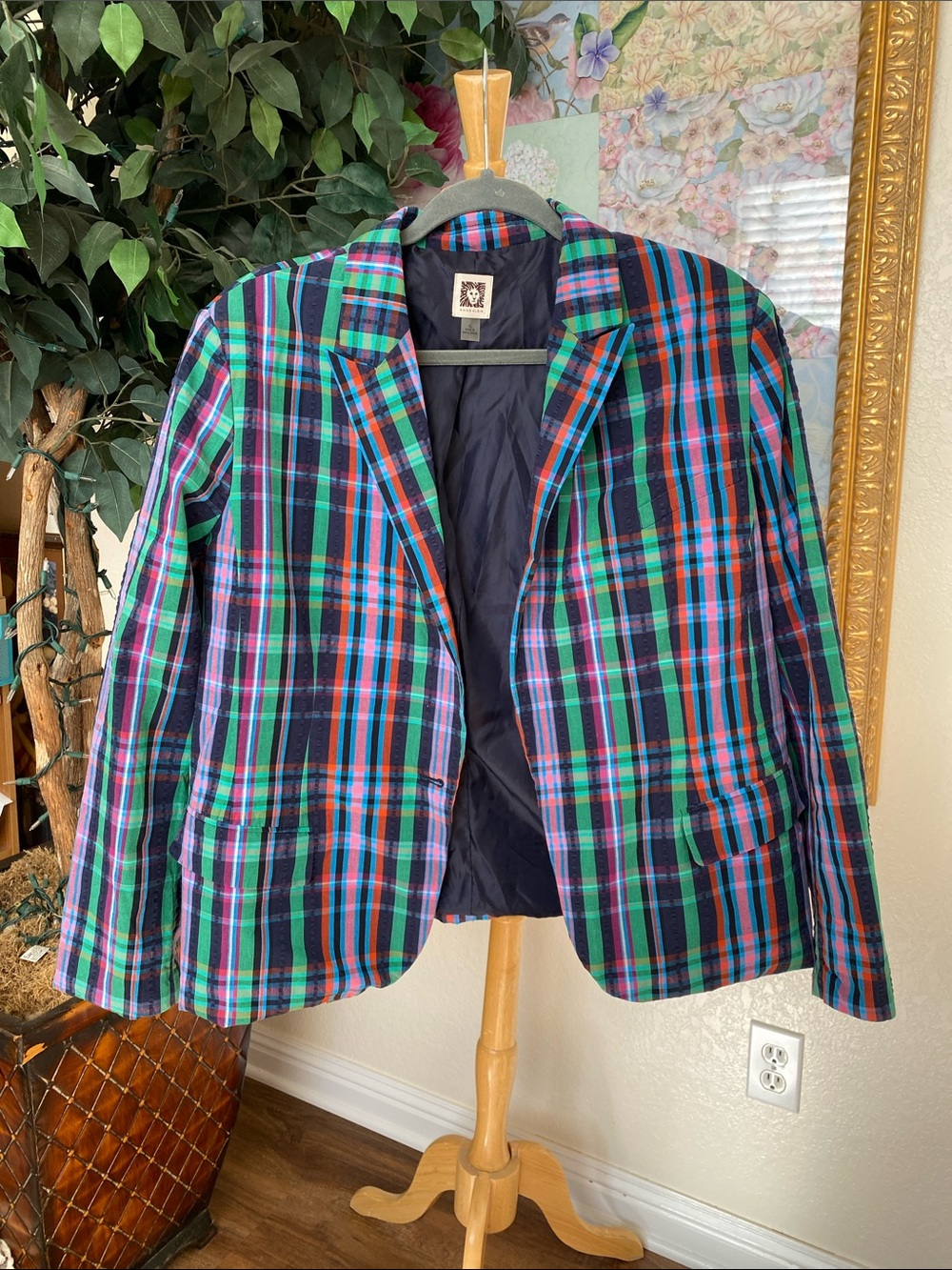 Anne Klein Navy Plaid Blazer with Green & Red Stripes